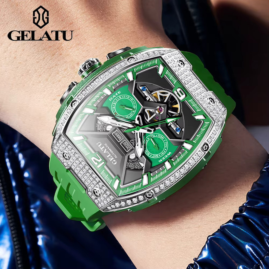 GELATU Armbanduhr, Automatik, Diamant, Silikonarmband, Herren, Grün - Bild 4
