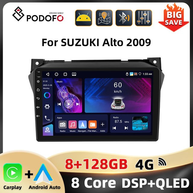 Podofo 9-Zoll Android Autoradio für SUZUKI Alto 2009 mit 8-Kern Prozessor, 8+128G Speicher, 4G, WLAN, GPS, CarPlay und Android Auto, Schwarz - Bild 1