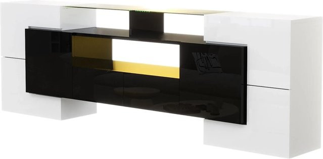 okwish TV Schrank mit LED und Glasoberfläche in Hochglanz Weiß und Schwarz, B/T/H: 200 x 35 x 60 cm - Bild 1