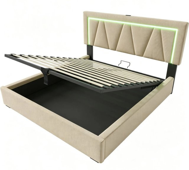 okwish Doppelbett mit Stauraum und LED-Beleuchtung in Beige inklusive Matratze, B/T/H: 140 x 200 x 110,5 cm - Bild 1