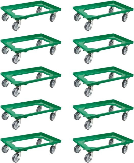 PROREGAL SparSet 10x Transportroller für Euroboxen in Grün mit Gummirädern, offenem Deck und 300 kg Traglast - Bild 1