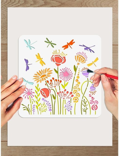 Wiederverwendbare Libellen-Malschablone aus Kunststoff mit Wildblumen-Motiv für Bastelarbeiten und Zeichnungen, Breite: 30,0 cm, Höhe: 30,0 cm - Bild 1