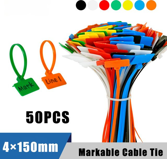Easy Mark Nylon-Kabelbinder mit Etiketten zur Kabelkennzeichnung, 50 Stück, Mehrfarbig, B/T/H: 4 x 4 x 150 mm - Bild 1