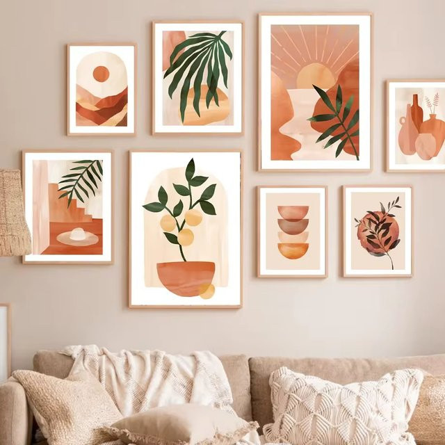 Abstrakte Leinwandgemälde von Potdemiel mit Sonnenuntergang, Zitronenbaum und Vase im nordischen Retro-Stil zur Wohnzimmerdekoration - Bild 1