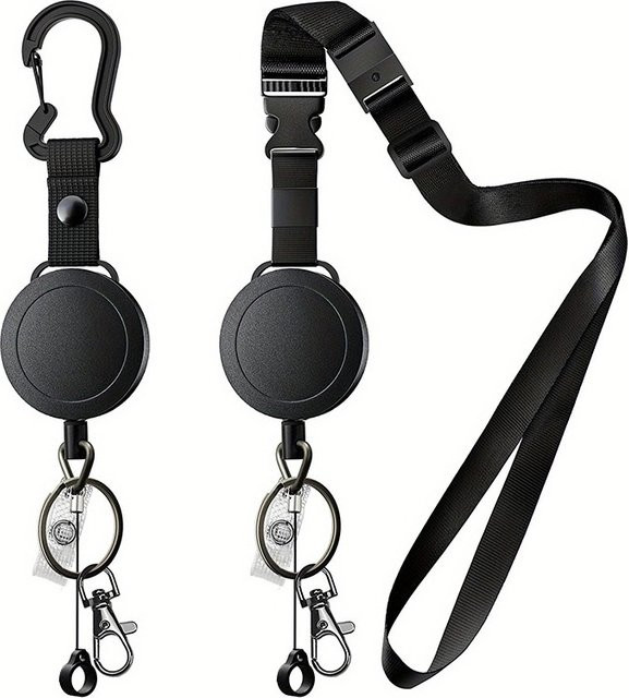 2-teiliges Set mit einziehbarem Ausweishalter und Schlüsselband in Schwarz mit Karabiner und Nackenband - Bild 1