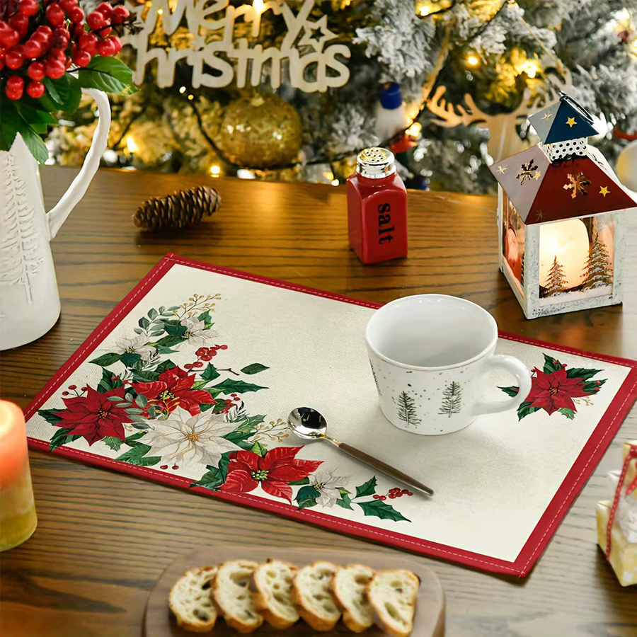 VIKAMA Hitzebeständige Topf-Tischmatte aus Baumwolle mit beige floralem Weihnachtsmuster, rechteckig - Bild 5