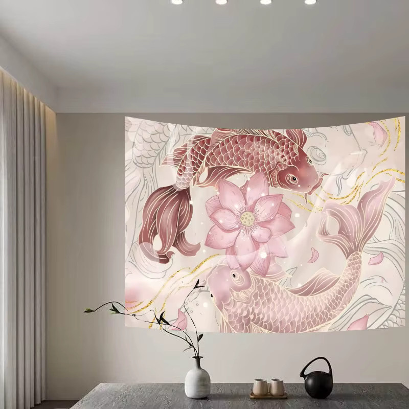 VIKAMA Wandteppich mit Koi-Fischen und Lotusblumen in Rosa und Gold, orientalischer Textildruck für Wohnzimmer und Teeraum, Breite: 100 cm, Höhe: 60 cm - Bild 3
