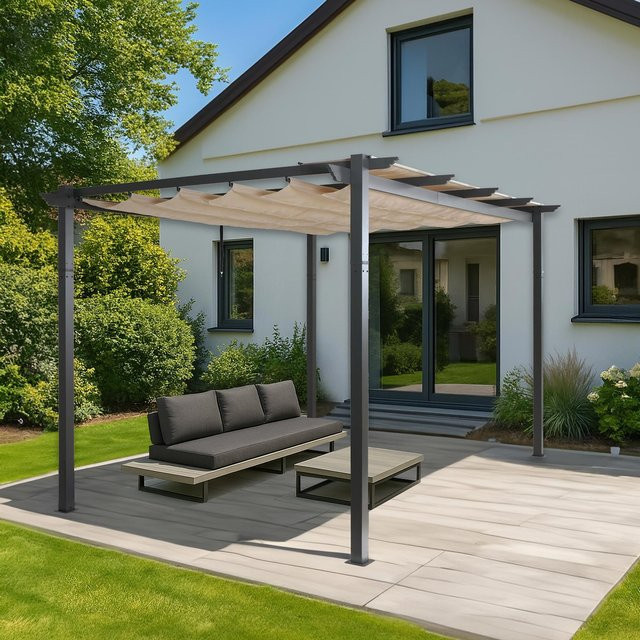Aluminium Pergola MCW-N93 Gartenpavillon mit Schiebedach in Beige, B x T x H: 300 x 300 x 240 cm - Bild 1