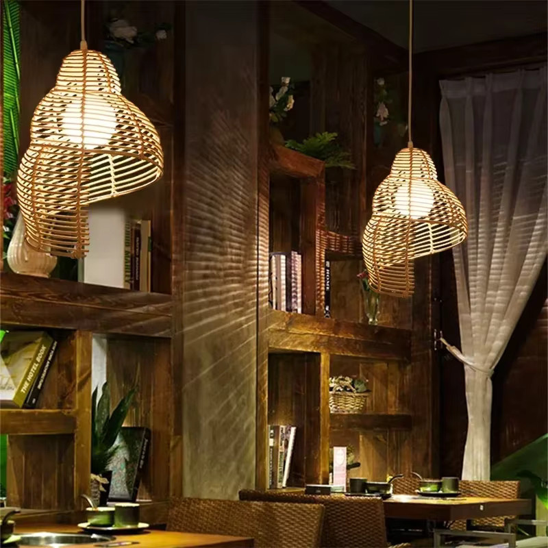 JIANKEXING LED-Pendelleuchte aus Bambus in Seeschnecken-Form, Boho-Design, Farbe: Braun, B/T/H: 35,0 x 25,0 x 25,0 cm - Bild 3