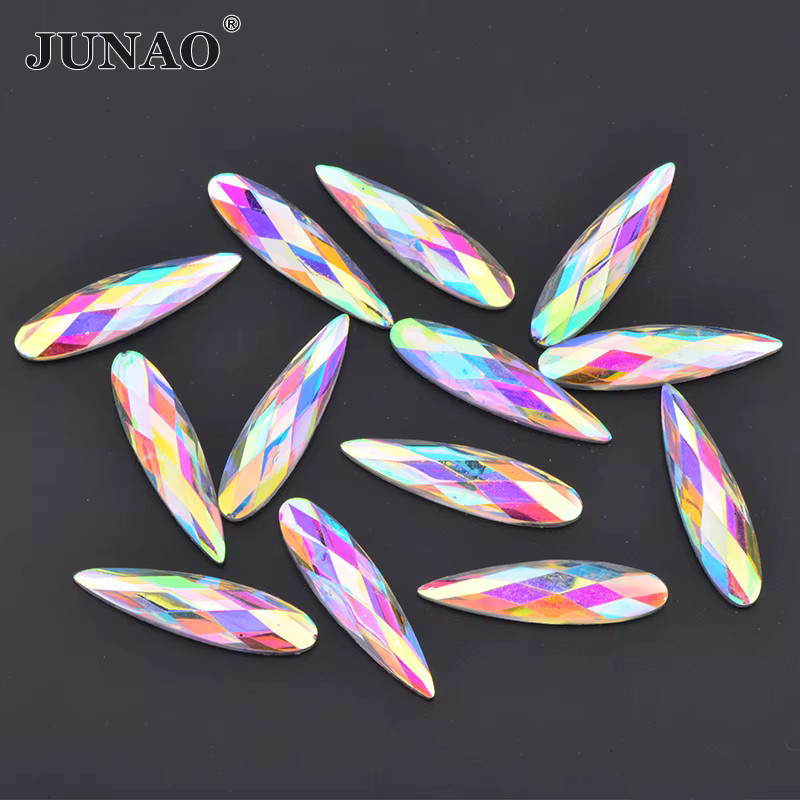 JUNAO 20 Stück Kristall-AB-Tropfen-Strasssteine in Multicolour und Transparent, B/H: 9 x 36 mm, zum Aufkleben - Bild 2