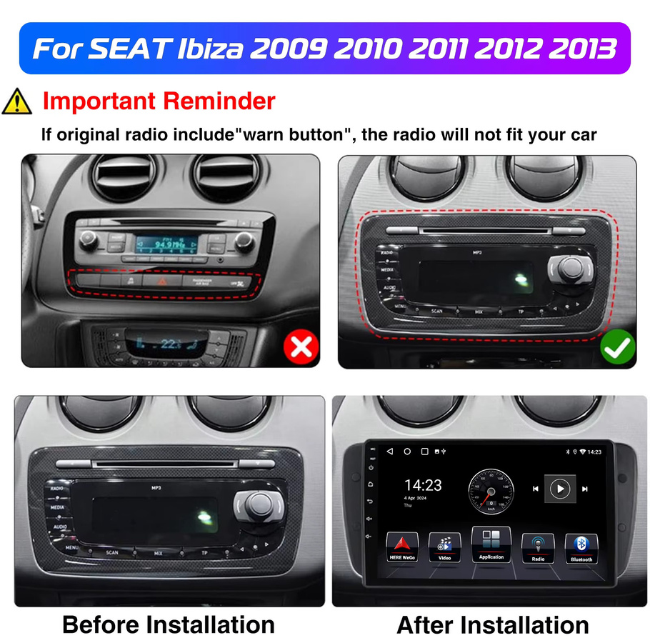 ESSGOO Android 15 Autoradio mit 9 Zoll IPS Touchscreen für Seat Ibiza MK 4 IV 6J 2009-13, Wireless Carplay und Android Auto, GPS, Bluetooth, Wifi, Schwarz - Bild 2