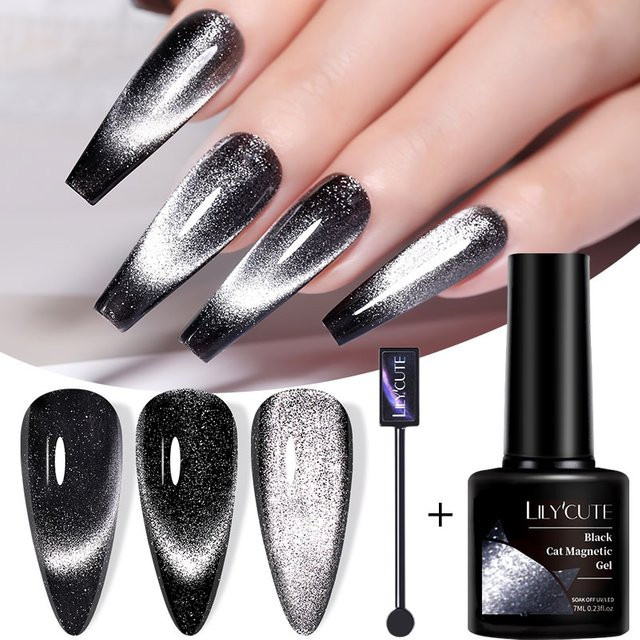 LILYCUTE Magnetgel Nagellack, Schwarz, Glitter, 2 x 7 ml - Bild 1