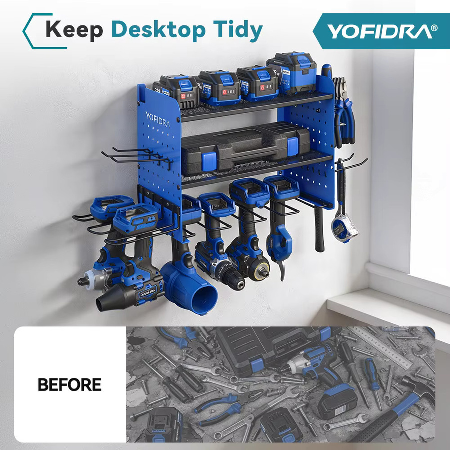 YOFIDRA 3-stufiger Elektrowerkzeug-Organizer zur Wandmontage in Blau, Hochbelastbares Pegboard-Aufbewahrungsregal und Bohrmaschinenhalter für die Garage, B/T/H: 42,9 x 30,0 x 22,0 cm - Bild 3