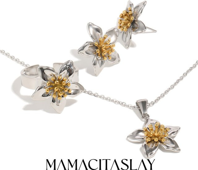 MamacitaSlay Schmuckset Edelstahl, Bunt, Blumen-Ohrringe, Halskette, Ring - Bild 1