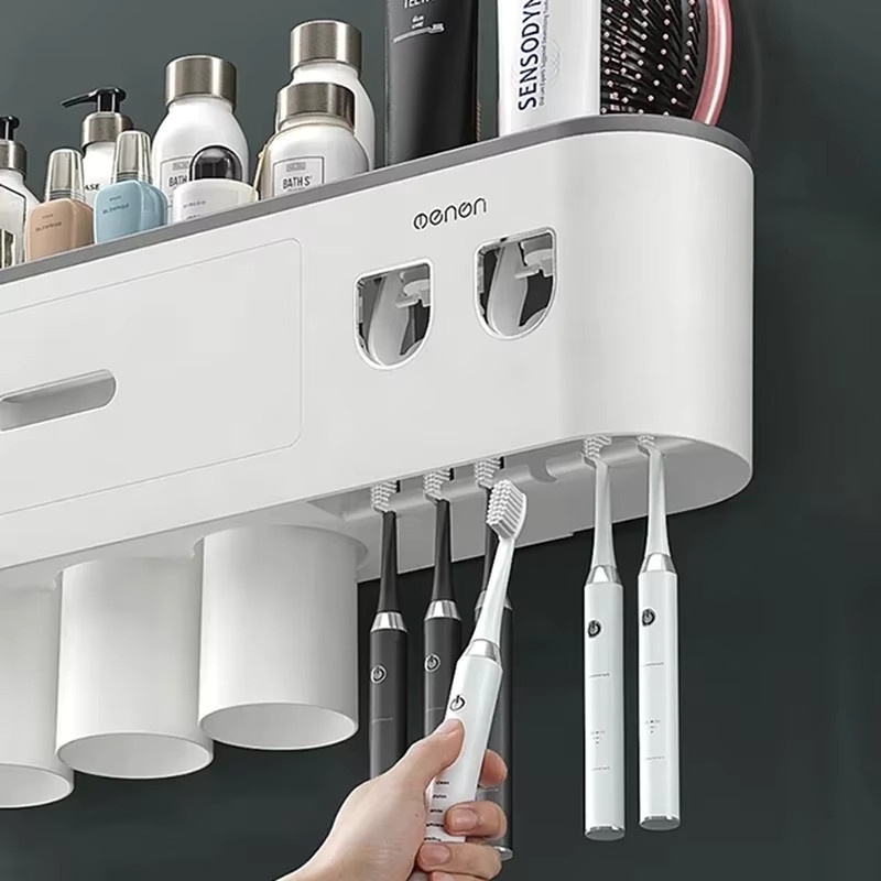 Wikho Wandmontierter Zahnbürstenhalter mit magnetischer Adsorption und automatischem Zahnpasta Spender in Weiß - Bild 2