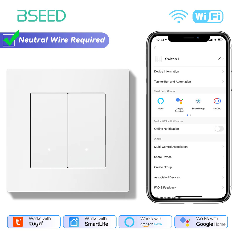 BSEED WIFI 2-Gang-Klickschalter smarter Wandschalter mit gelber Hintergrundbeleuchtung in Weiß kompatibel mit der Tuya-App - Bild 2
