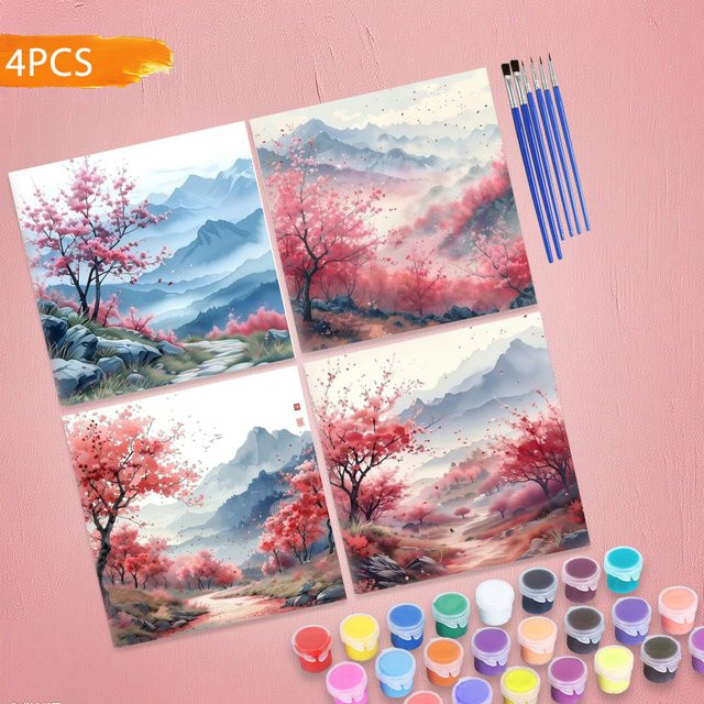 HUACAN 4er Set Malen nach Zahlen Set mit Berglandschaft und Kirschblüten auf Leinwand, DIY 5D Blumenmotive in Mehrfarbig - Bild 1