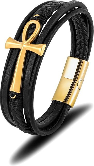 Lederarmband Herren, Edelstahl, Gold, 23 cm - Bild 1