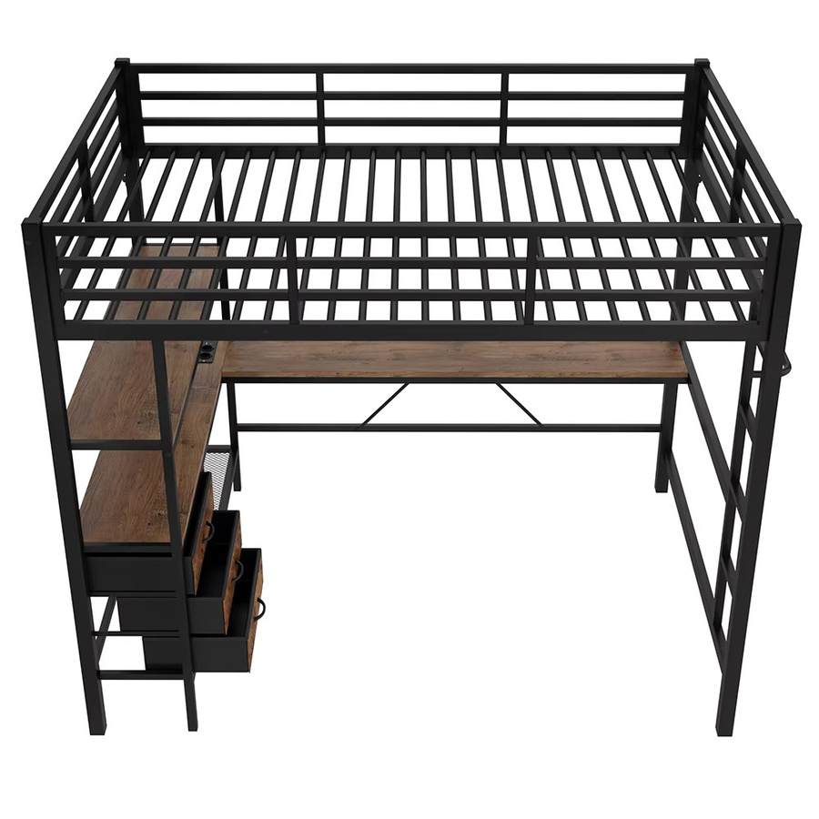 KOMHTOM Hochbett mit LED-Beleuchtung, Schreibtisch, USB-Ladestation, 3 Schubladen, Regalen und Treppe in Schwarz, B/T/H: 140 x 200 cm, ohne Matratze - Bild 4