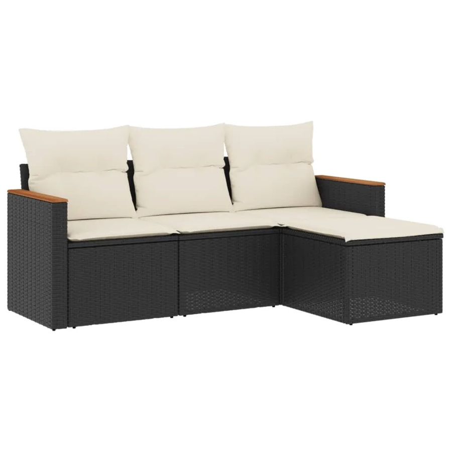 vidaXL 4-tlg. Garten-Sofagarnitur aus Poly-Rattan und Akazienholz in Schwarz und Cremeweiß mit Sitzkissen und Stauraum - Bild 2