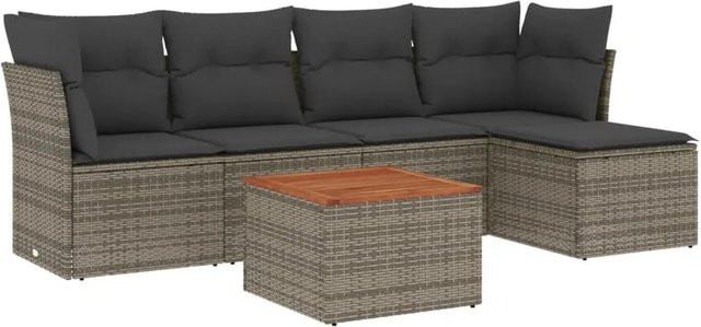 vidaXL 6-teilige Garten-Sofagarnitur in L-Form aus grauem Poly-Rattan mit Kissen und pulverbeschichtetem Stahlgestell - Bild 1