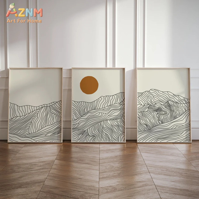 AZNM 3er-Set Minimalistische Boho-Bergkette und Sonnenlinie Wandkunst, Abstrakte Landschaft als Giclée-Druck auf Leinwand, Beige, Geometrisches Design, Ungerahmt - Bild 1