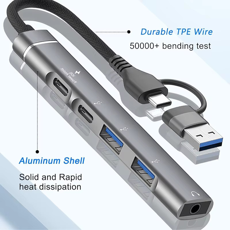 DIXSG USB-C auf 3,5 mm Audio-Adapter und OTG-USB-Hub Dockingstation in Grau - Bild 3