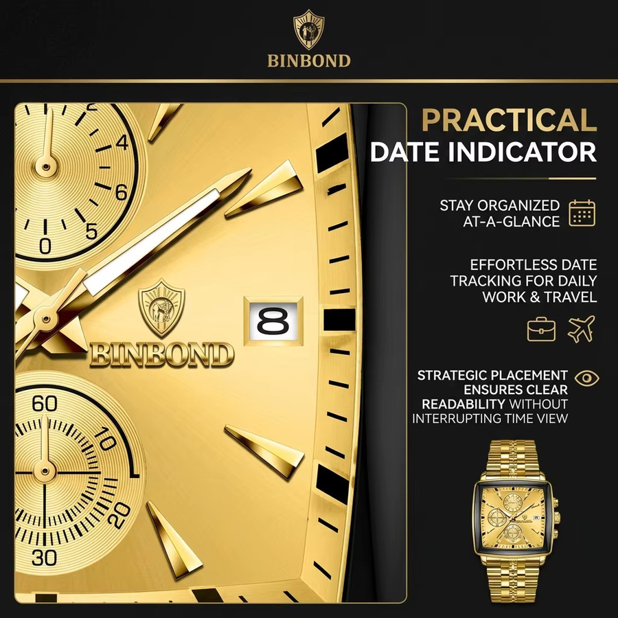 BINBOND Chronograph Armbanduhr, Edelstahl, Gold, Eckig, Quarz, Herren - Bild 3