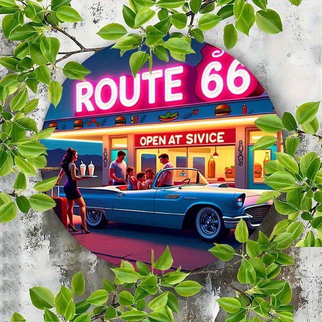 Route 66 Vintage Neonschild von Potdemiel – Runde Wandkunst aus Aluminium mit klassischer Auto- und Dinner-Szene im Retro-Design - Bild 1