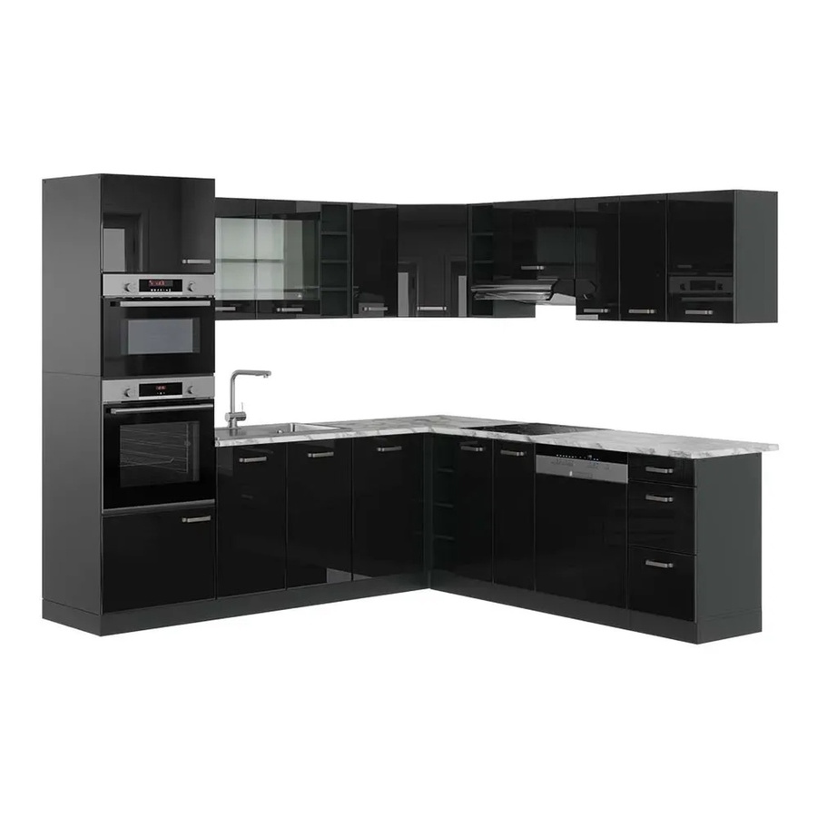 Vicco R-Line Eckküche in Schwarz Hochglanz und Anthrazit mit Marmor-Optik, B/T/H: 237 x 247 cm - Bild 2