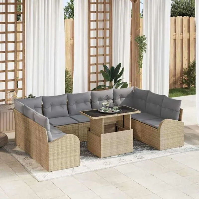 Vidaxl Polyrattan Garten-Sofa-Set aus 10 Teilen in Beige und Grau, Loungemöbel B/T/H: 100 x 55 x 73 cm - Bild 1