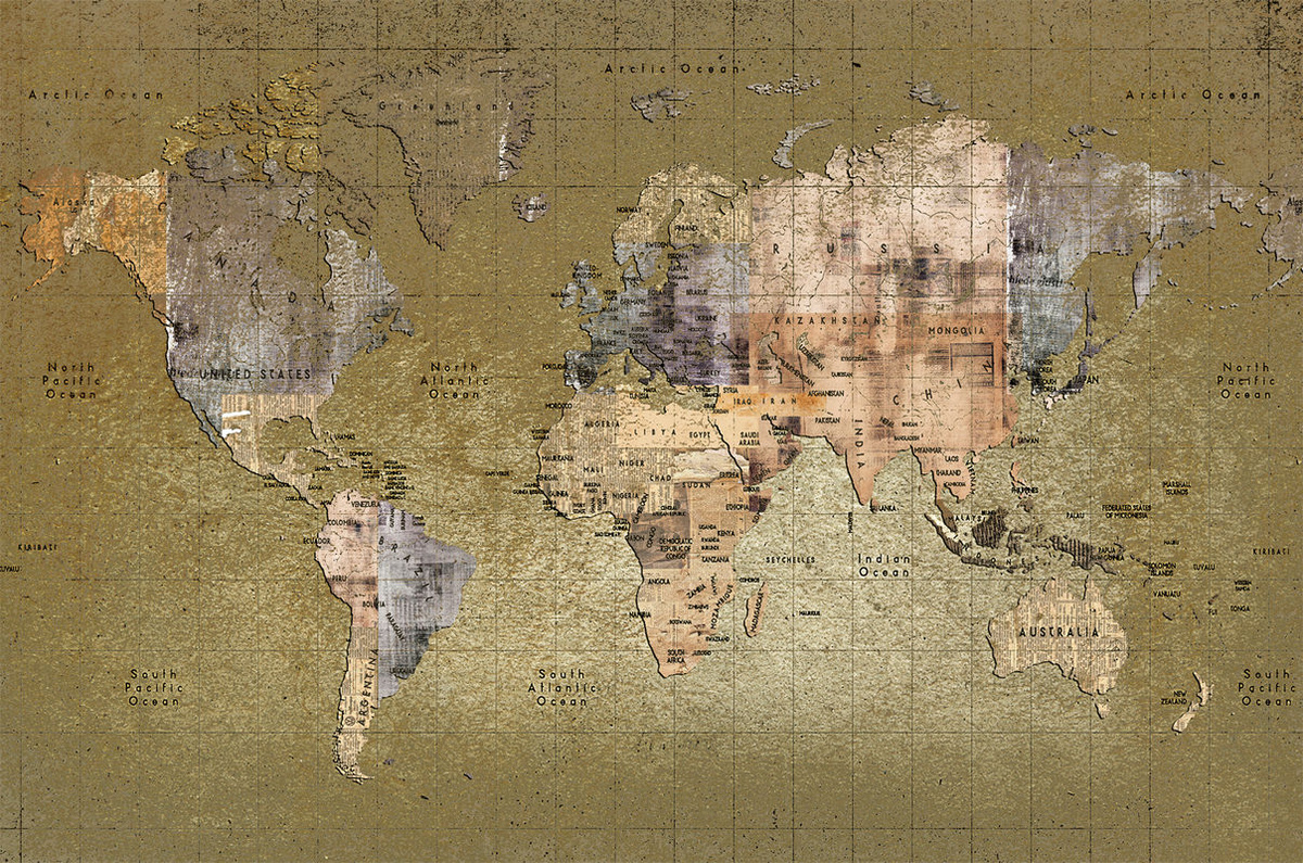 Coordonne Wandbild Newspaper Map Weltkarte im Vintage-Stil, mehrfarbig und gold, rechteckiges Querformat aus Papier und Vlies - Bild 2