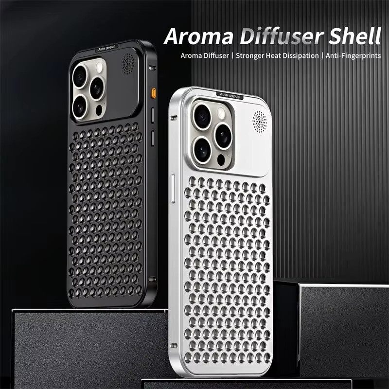 VYOPBC Aromatherapie Handyhülle aus Aluminiumlegierung mit Wärmeableitungs-Mesh für iPhone 17 Pro Max 16 15 14 13 12 Pro Max in Silber - Bild 3