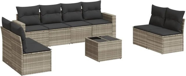 vidaXL 9-tlg. Garten-Sofagarnitur L-Form aus Polyrattan mit Kissen in Hellgrau - Bild 1