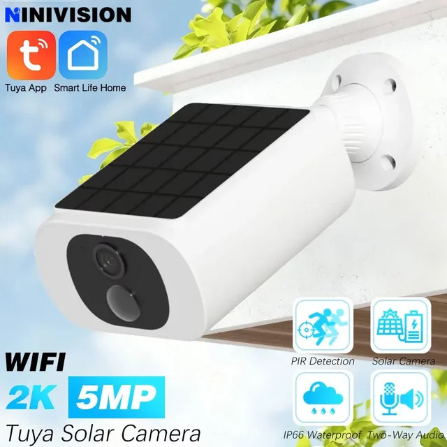 NINIVISION Tuya Solar WiFi Kamera 5MP 2K Outdoor Überwachungskamera mit PIR Bewegungssensor und IP66 Schutzklasse, Farbe: Weiß - Bild 1