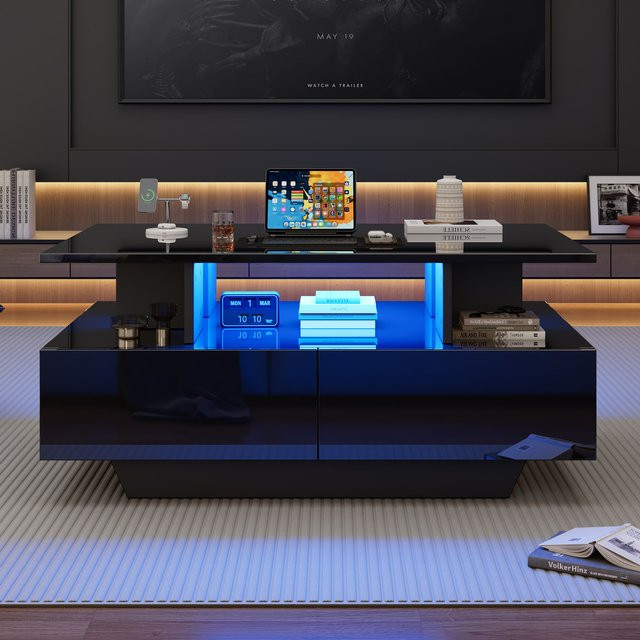 Svintora LED-Couchtisch in Schwarz mit Hochglanz-Finish, Farbwechsel-Beleuchtung und großem Stauraum durch Liftmechanismus - Bild 1