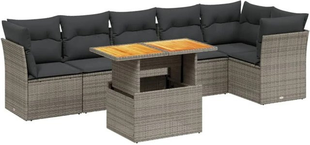 vidaXL 7-teilige Garten-Sofagarnitur aus Poly-Rattan und Akazienholz in Grau mit Kissen - Bild 1