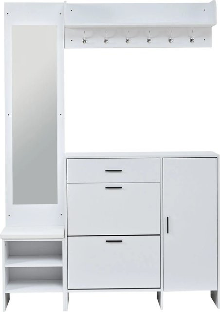 Merax Flurgarderobe mit Schuhbank und Spiegel in Weiß, B/T/H: 140 x 30 x 200 cm - Bild 1