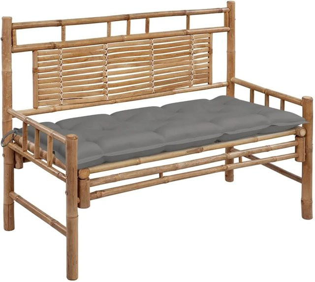 furnicato Gartenbank aus Bambus mit grauen Auflagen, Breite: 120 cm - Bild 1