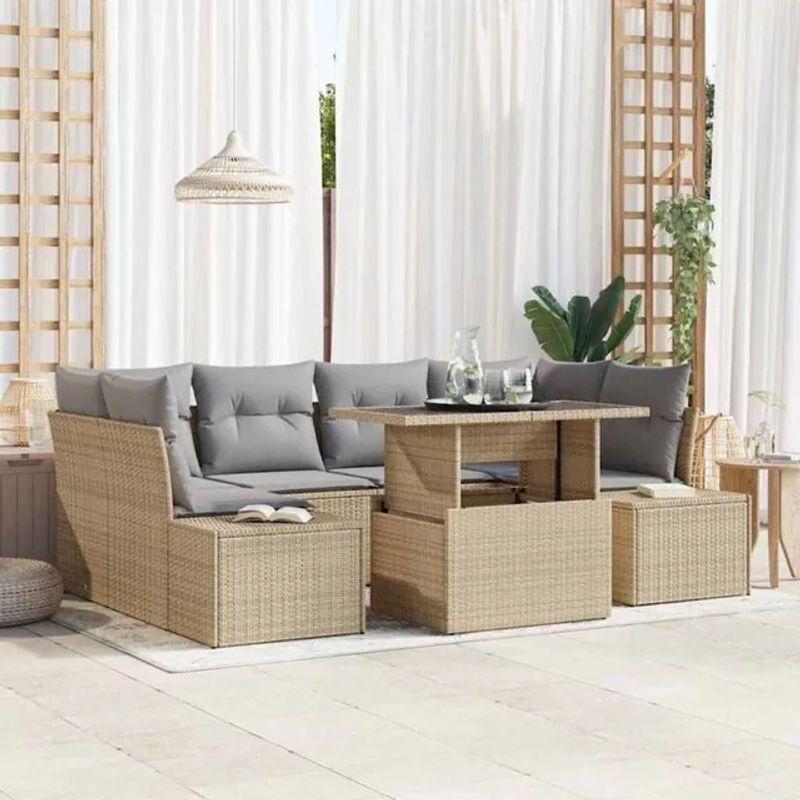 Vidaxl Garten Sofa Set aus 7 Teilen in Beige und Grau aus Polyrattan mit Loungemöbel-Design - Bild 1