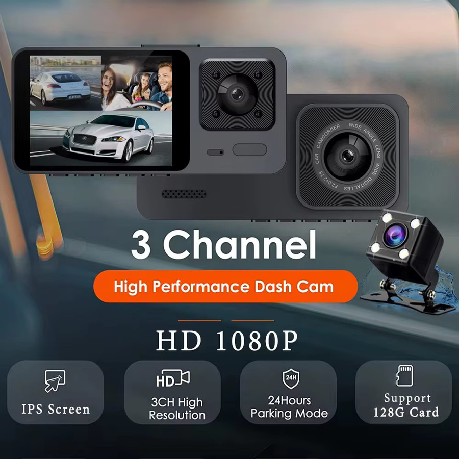 Maxtoss 3-Kanal Dashcam Full HD 1080P mit Innenfahrzeugkamera in Schwarz - Bild 2