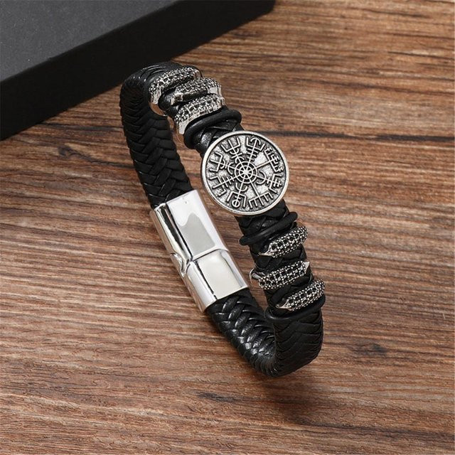 Armband Herren, Leder, geflochtenes PU-Leder, Kompass Anhänger, brown - Bild 1