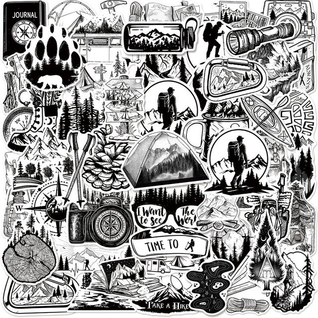 Set mit Aufklebern für Outdoor, Wandern und Camping in Schwarz und Weiß mit Naturmotiven und Graffiti-Design für Laptop, Telefon oder Gitarre - Bild 1
