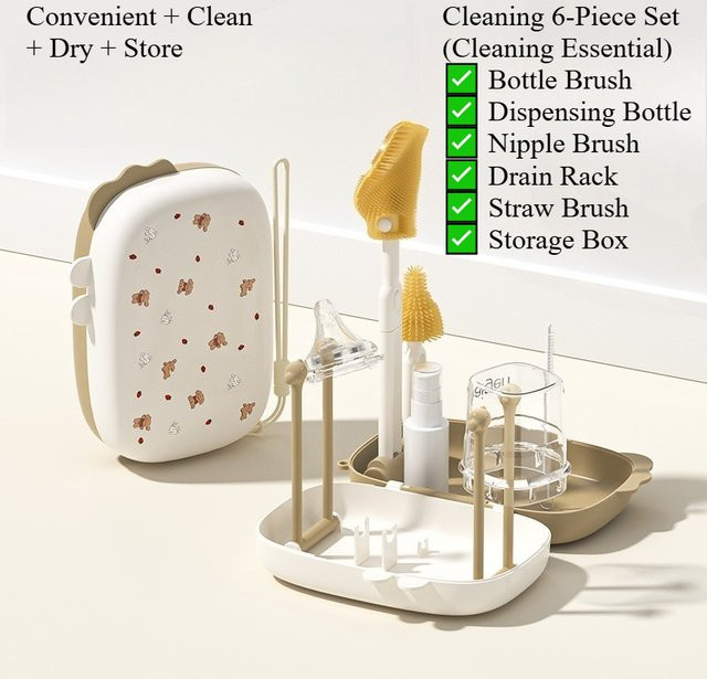 6-teiliges tragbares Babyflaschen-Bürsten-Set in Weiß mit Flaschenbürsten, Nippelbürsten, Strohbürsten, Abtropfgestell und Aufbewahrungsbox für unterwegs - Bild 1