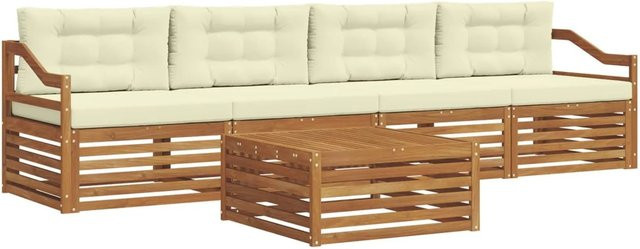 vidaXL Outdoor-Sofagarnitur aus Akazienholz mit Kissen und Couchtisch, 5-teiliges Set, Natur und Beige/Weiß - Bild 1