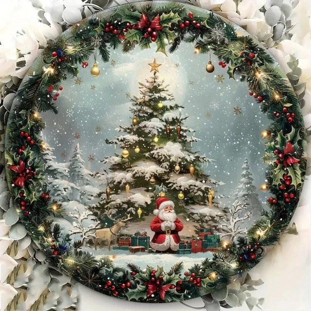 HELLOYOUNG Metallschild Vintage Weihnachtsmann mit Baum als runde Wandkunst in Mehrfarbig, Durchmesser: 20 cm - Bild 1