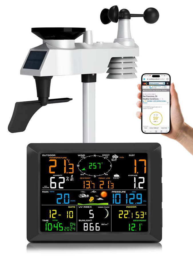 Urageuxy 14-in-1 WLAN-Wetterstation mit 8,3-Zoll-Display und Solarsensor für Echtzeit-Wetterdaten und Wolkenüberwachung - Bild 7
