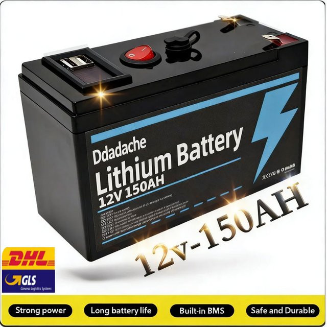 12V Lithium-Batterie 150Ah LiFePO4 mit integriertem BMS in Schwarz für USV, Kajak-Fischfinder, Solarmodule und Radio - Bild 1