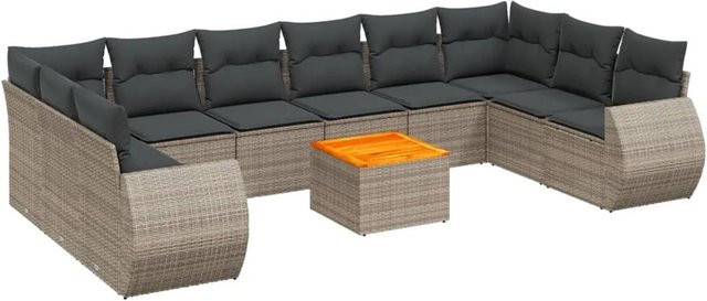 vidaXL 11-tlg. Garten-Sofagarnitur in U-Form aus Polyrattan und Akazienholz mit Kissen in Grau - Bild 1