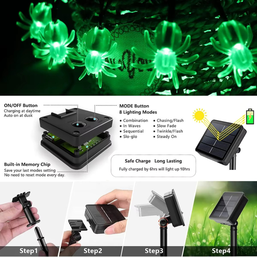 Peach Forest Grüne Spinne LED Lichterkette für Halloween mit 30 LEDs und 8 Beleuchtungsmodi, Wasserdicht für den Außenbereich - Bild 4